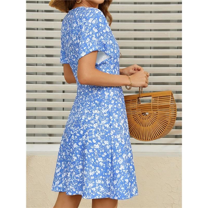 Women's Summer Fashion: Floral Print, Short-Sleeve, Fitted V-Neck A-Line Dress
