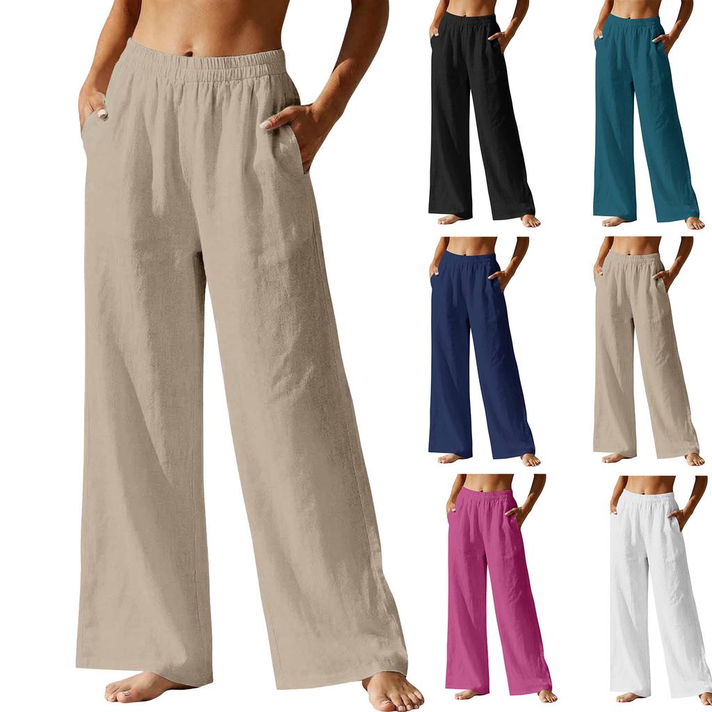 Pantalones Cropped Rectos de Algodón y Lino para Mujer Cintura Elástica Casual Ajuste Holgado Pantalones con Bolsillos para el Uso Diario