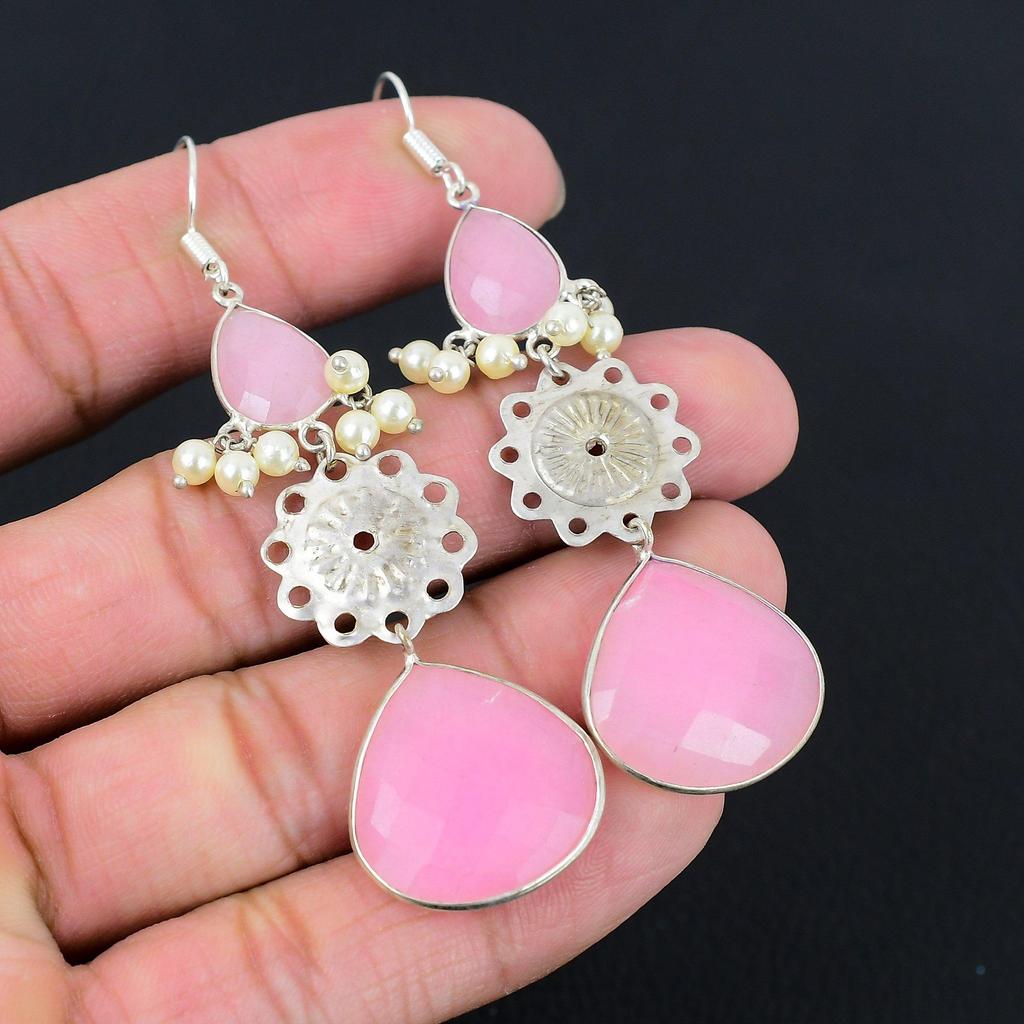 Natural Pink Chalcedony Gemstone Drop/Dangle Earrings 925 Silver For Girls
