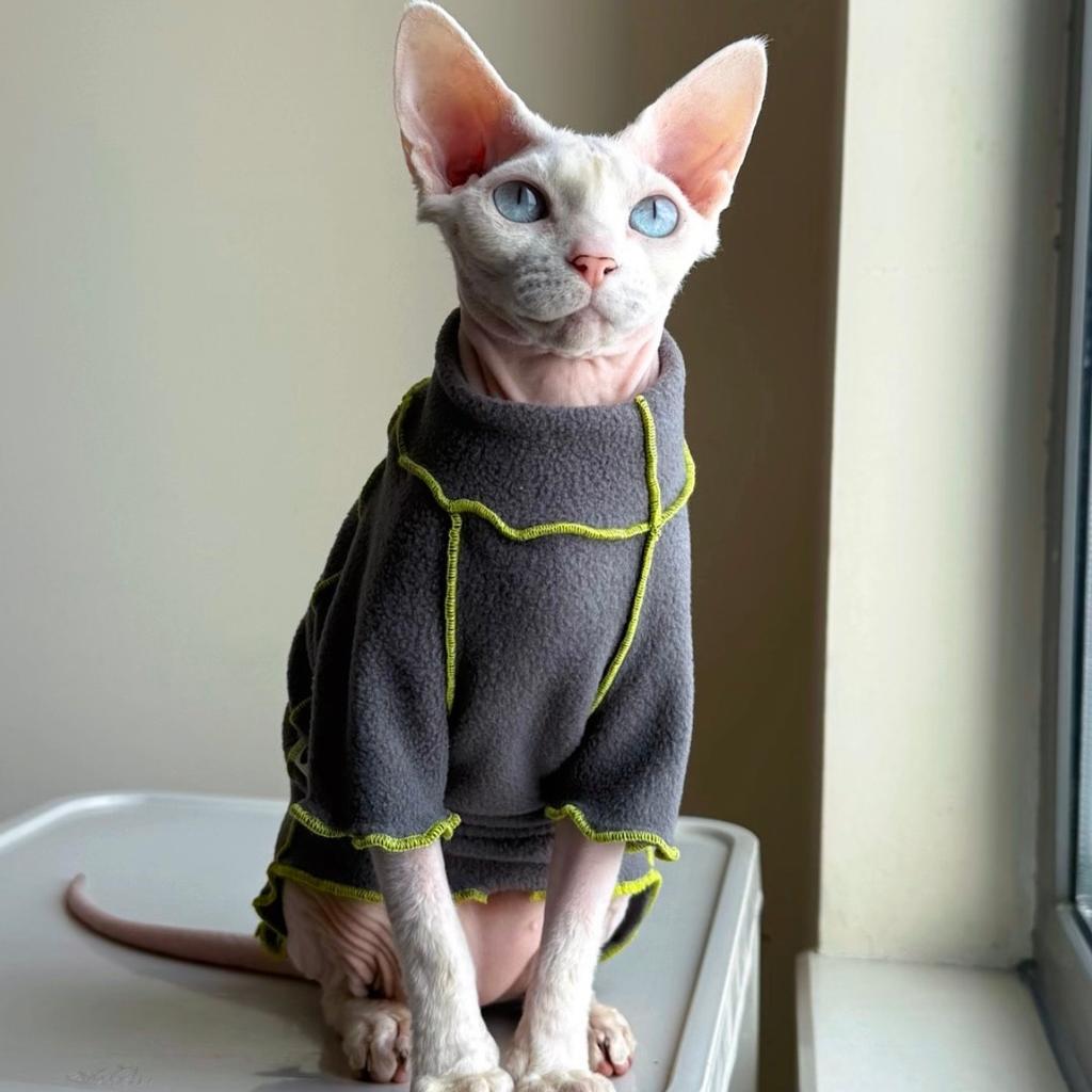 Grey Fleece Long Sleeves Coat for Sphinx Cat In Winter Spring Soft Stain-resistant Coat for Hairless Cat Loungewear for Kittens