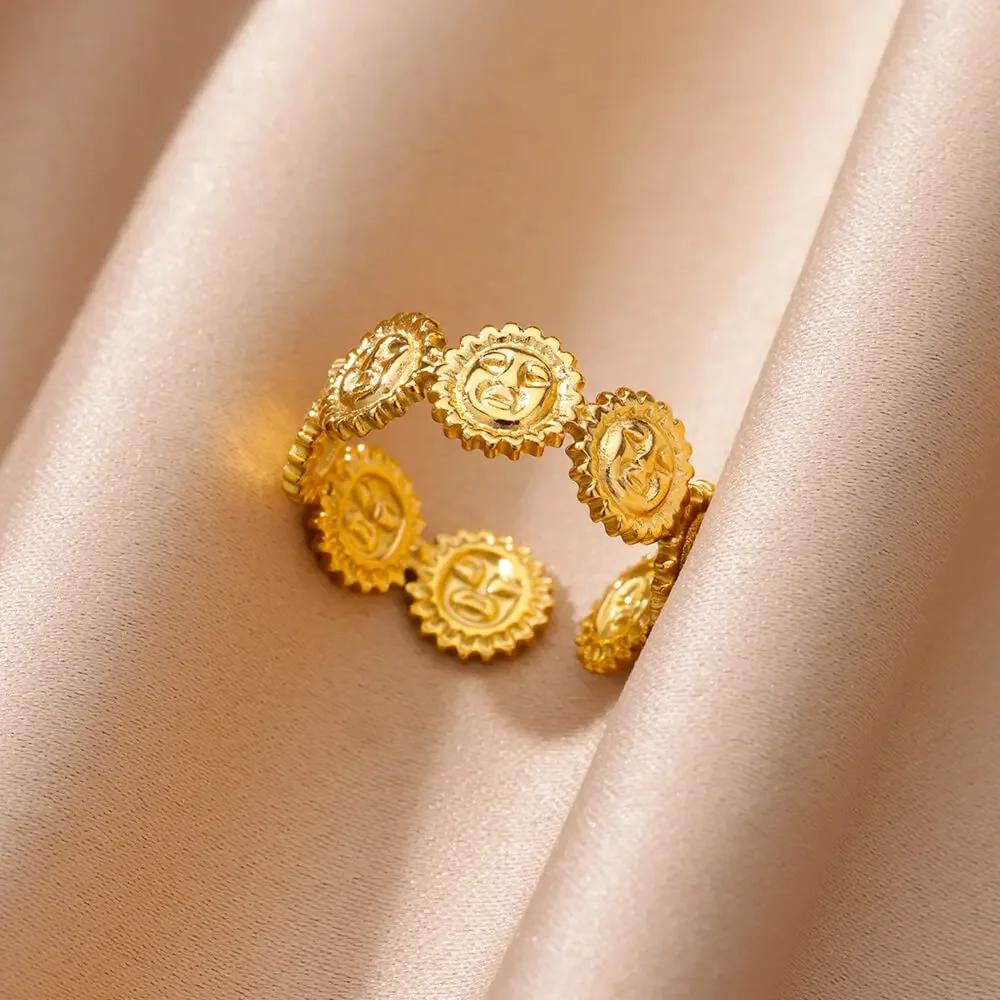 Vintage Sun Rings For Women Gold Stainless Steel Sun Ring Wedding Couple Aesthetic Fashion Wedding Christmas Jewelry Gift