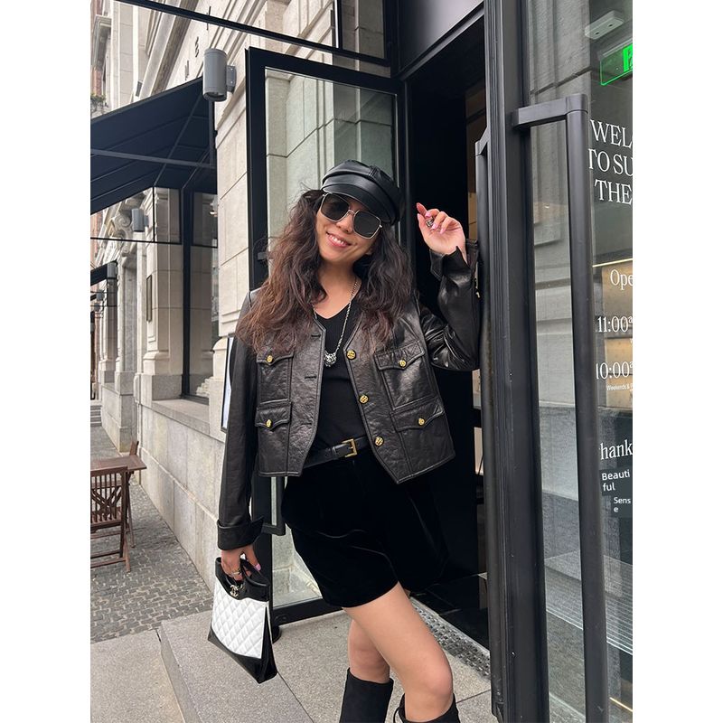 

Blacknini Yin Huafu/Class a First Layer Native Cowhide Quilted Four Bags Gold Buckle Leather Coat Black XL