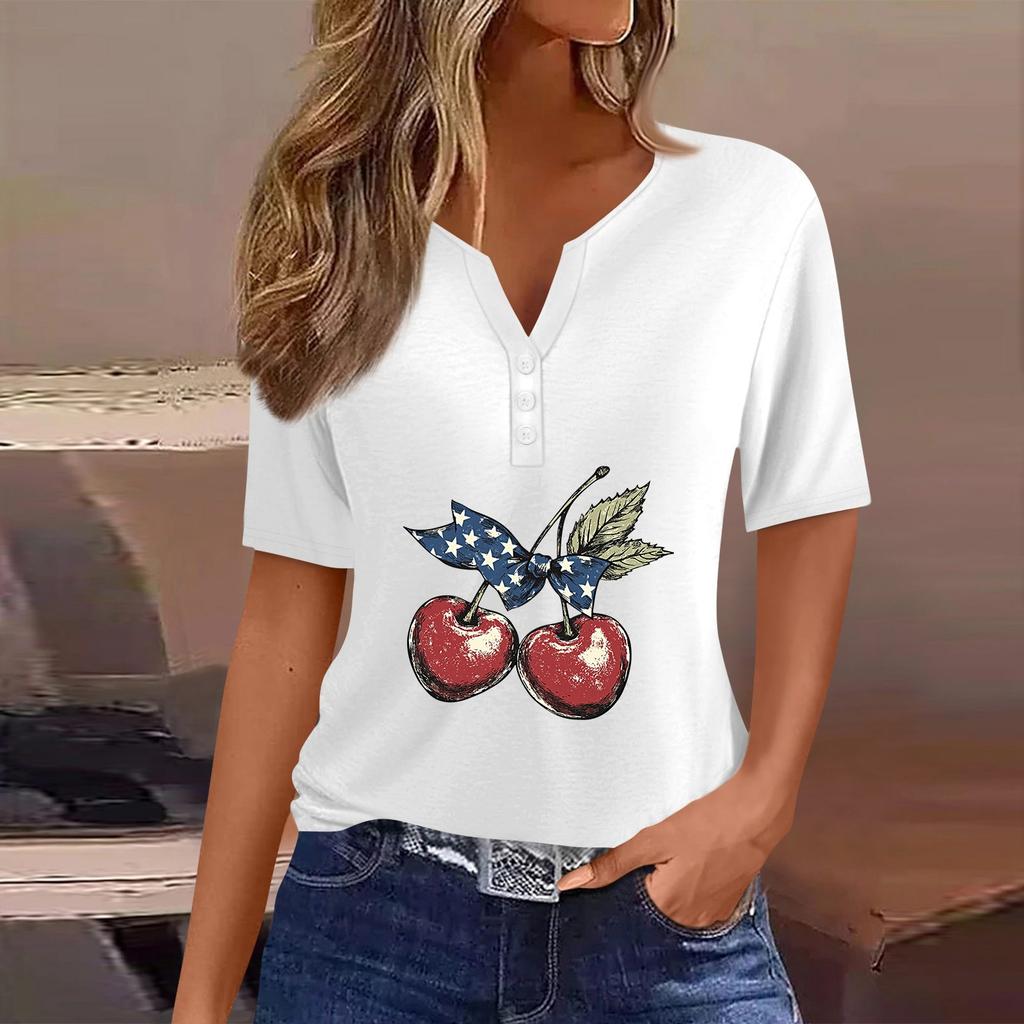 Women's T Shirt Tee Independence Day Print Button Short Sleeve Daily Weekend Fashion Basic V-Neck Regular Top