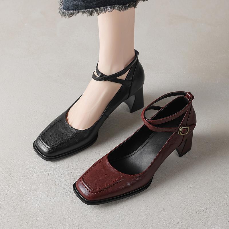 Fashion 2025 New Spring Genuine Leather Shoes LEISURE Style Square Toe High Heels Pumps Buckle Strap Women Shoes Fashion Ladies Shoes