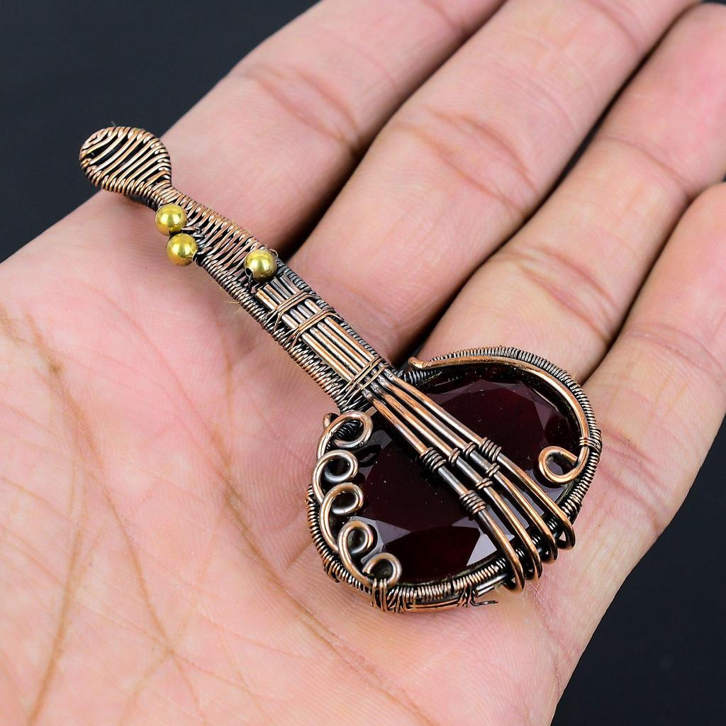 Unique Guitar Shaped Red Garnet Gemstone Pure Copper Wire Wrapped Handmade Pendant Jewelry