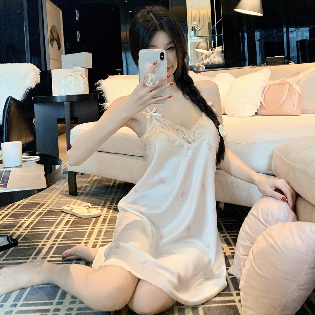 Ice and snow silk women's spring and summer suspender nightgown sexy sweet cute hanging skirt thin lace lace pajamas loungewear