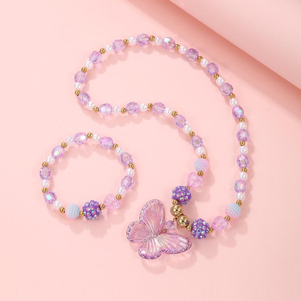 New Girl's Collarbone Necklace Princess Zircon Color Crystal Zircon Butterfly Children's Necklace Bracelet suit