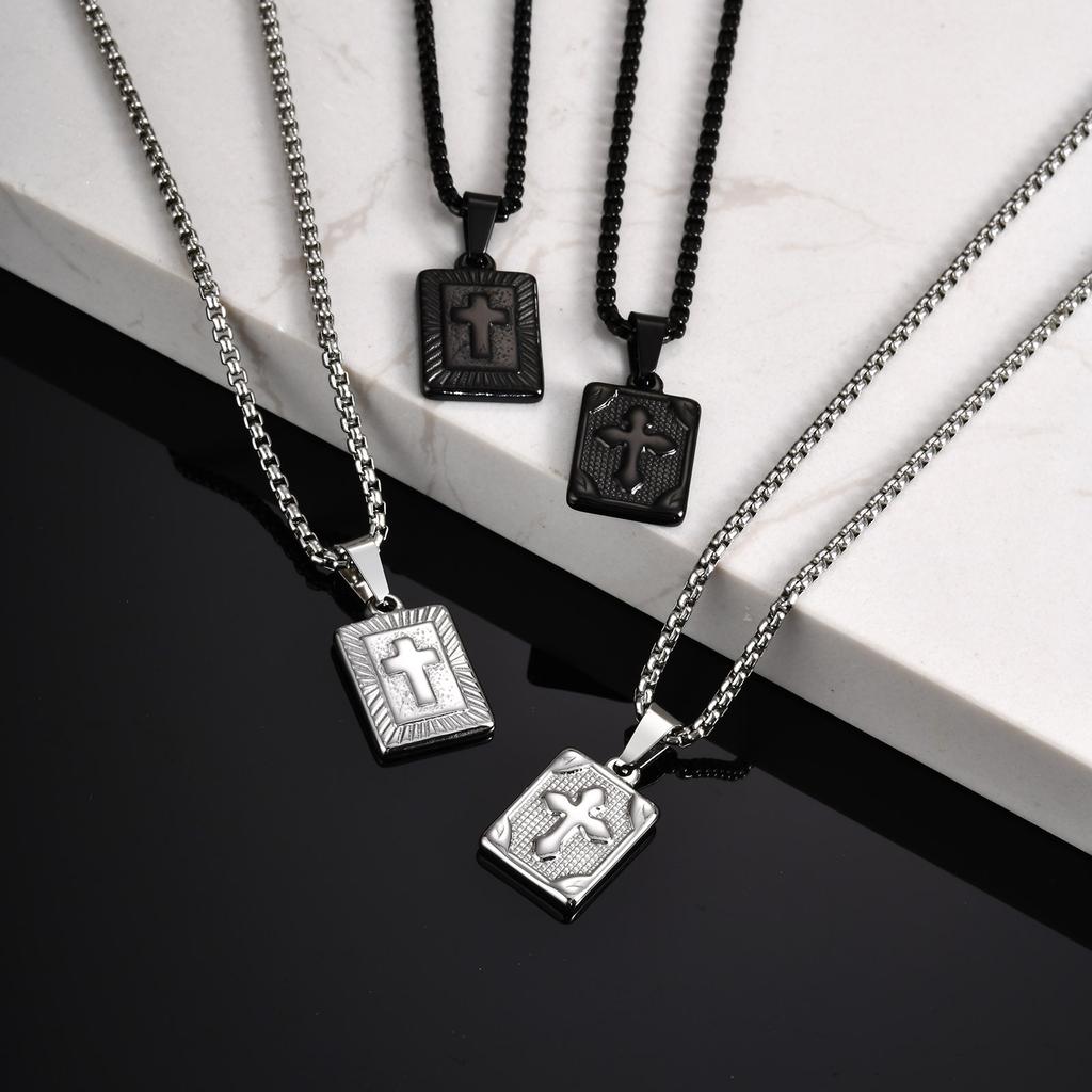 Vnox Cross Square Pendant Necklace for Men Women, Cross Pendant Collar with Stainless Steel Box Chain, Father's Day Dad Boy Gift