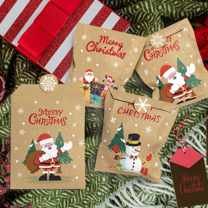 24Sets Merry Christmas Gift Bags Retro Santa Claus Fox Kraft Paper Bags with Stickers Xmas Party Favor Bags DIY Advent Calendar