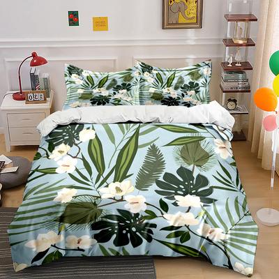 Tropical Leaves And White Flowers Pattern Bedding Set For Kids Luxury Gift 3Pcs Digital Print Comforter Set Soft Comfortable