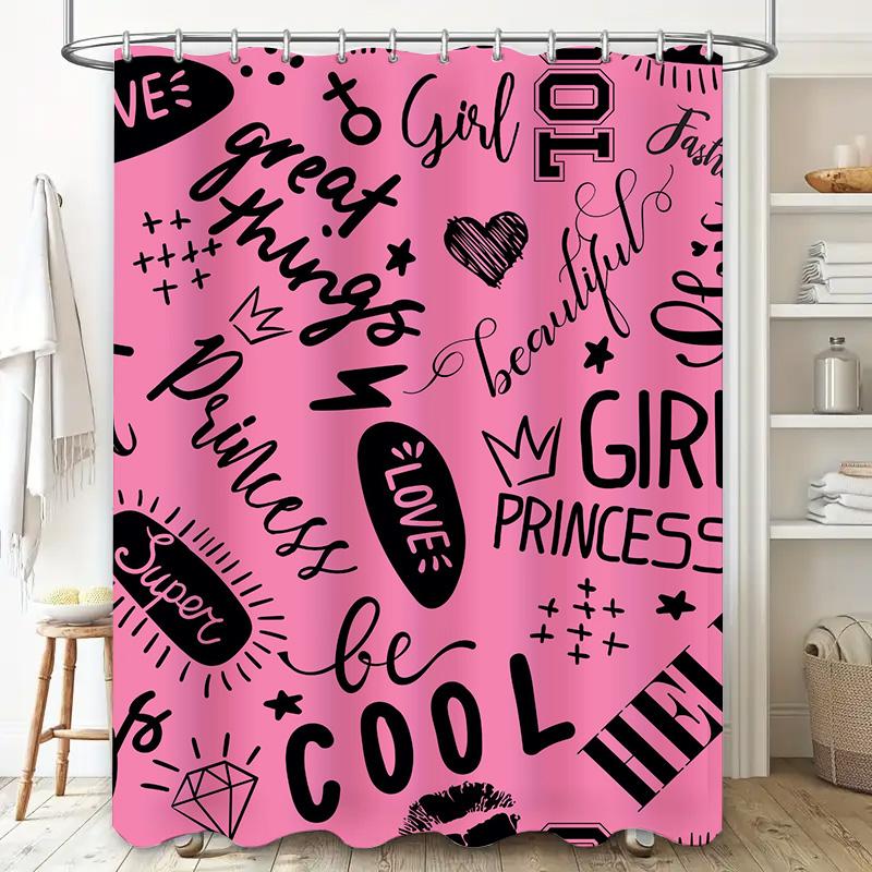 Pink Black Letter Print Shower Curtain Waterproof Bathroom Decor Custom Size Available Fashion Home Accessories .com :