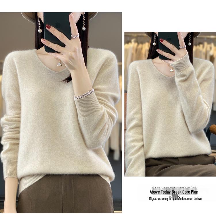 Women's V-Neck Seamless Wool Sweater - Loose, 100% Cashmere Knit for Autumn/Winter