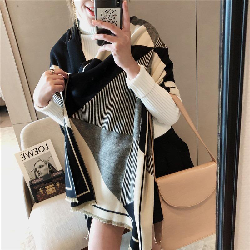 Autumn and winter new double-sided geometric imitation cashmere scarf women's high-end feeling thick warm thickened shawl scarf