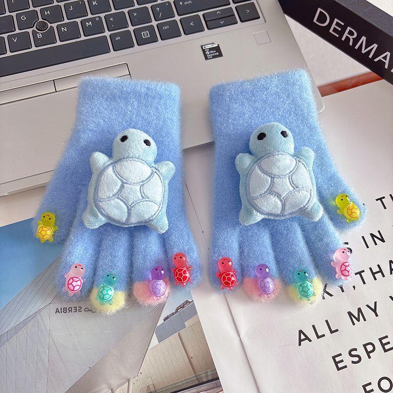 

Cute Little Turtle Warm Gloves for Children, Winter Girl Cycling Anti-freezing Knitted Five-finger Gloves 5-10 years old