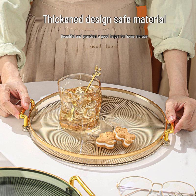 Elegant Double-Ear Round Tray: Thickened Plastic Fruit Plate & Tea Tray for Living Room