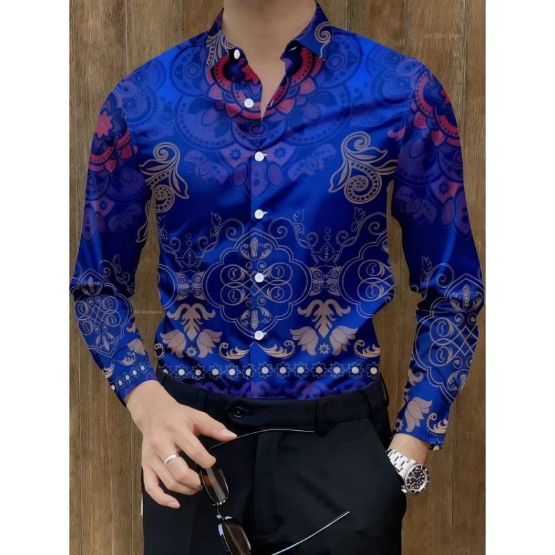 Men's New Retro Totem Flower Pattern Light Luxury Business Casual Long Sleeved Shirt Baroque Red Brown Interwoven Top
