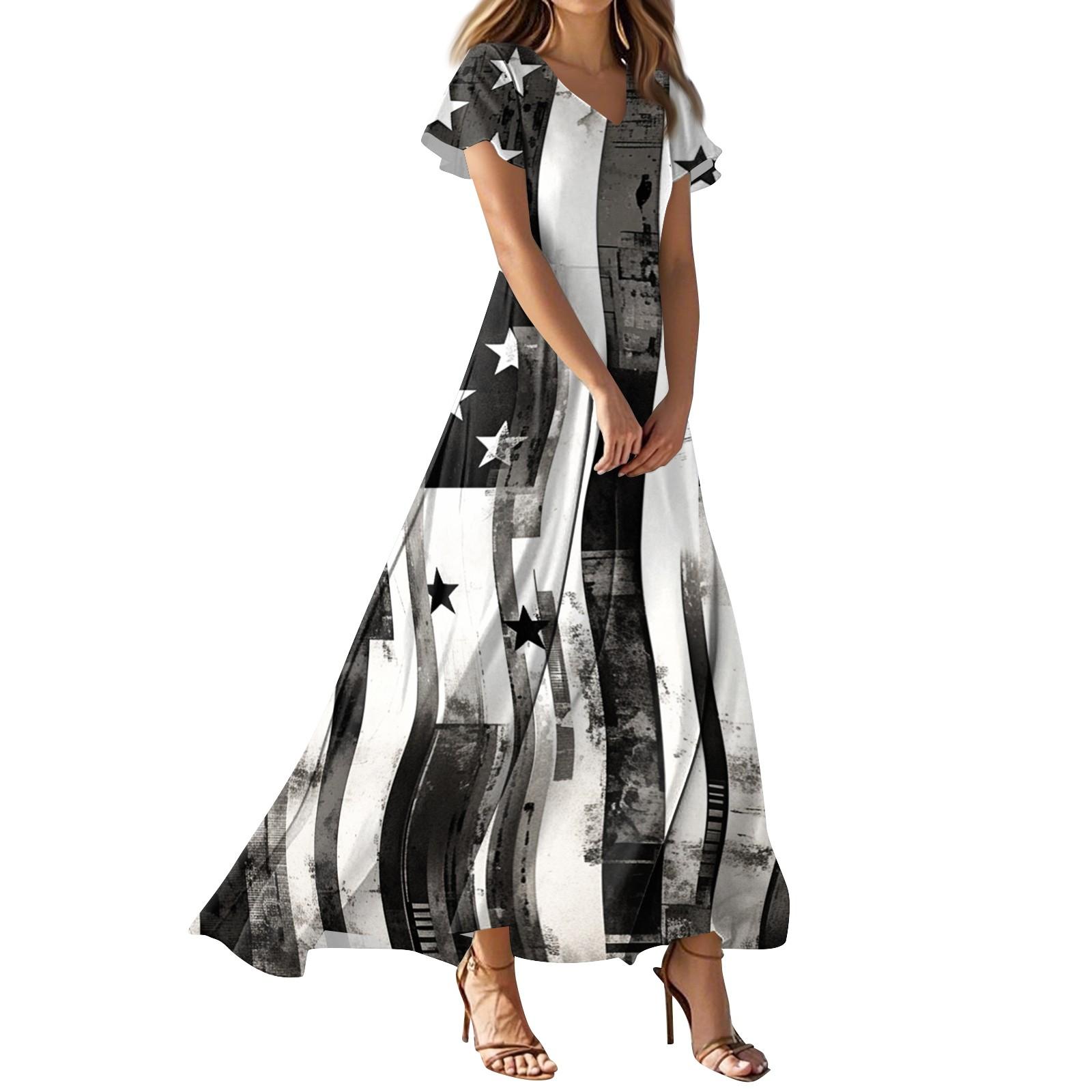 

Женское повседневное платье с принтом флага Дня независимости, V-образным вырезом, короткими рукавами и высокой талией XXL