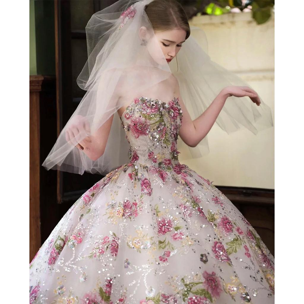 Французька весільна сукня нареченої 2025 висококласна текстура вишита квітка чоловіча спідниця важка промисловість бюстьє весільна сукня