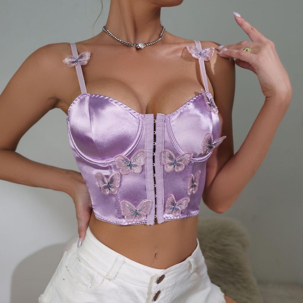 Women Summer Satin Butterfly Camis Purple Button Solid Color Crop Top Female Sexy Sleeveless with Straps Corset Y2k Tank Tops
