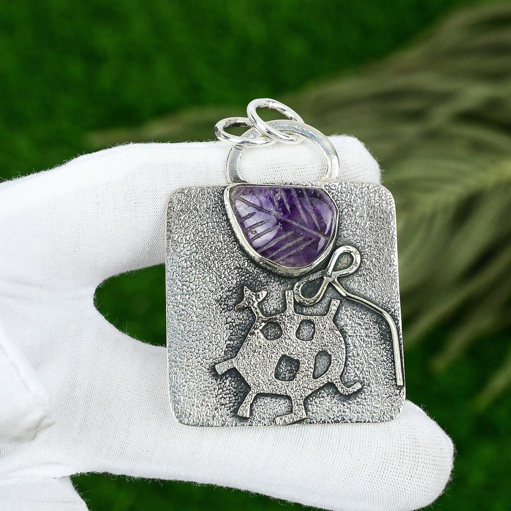 Mothers day Deal 925 Sterling Silver Pear Natural Star Amethyst Art Deco Pendant