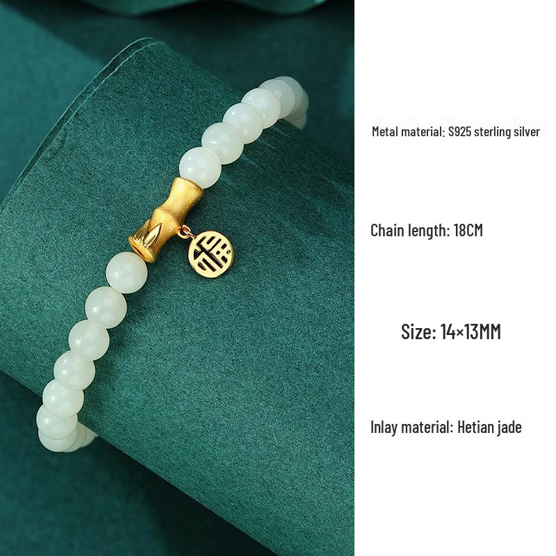 

Винтажный браслет из нефрита Хетан с бамбуком: Женский стерлинговое серебро S925 символ Фу 925 Silver
