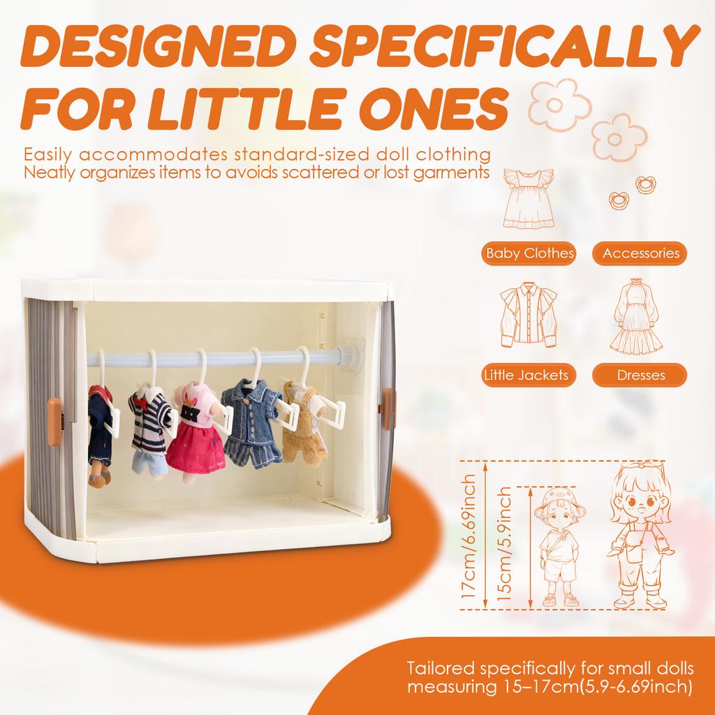 Foldable Doll Wardrobe Storage Box 15/17cm Doll Clothes Dustproof Organizer Closet With10 Hangers and Display Shelf