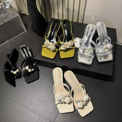 Fashion Flower High Heels Slippers Women Sandals Beaded Square Toe Shoes Summer Dress 2025 Sexy Elegant Open Toe Pumps Slides Sandalias