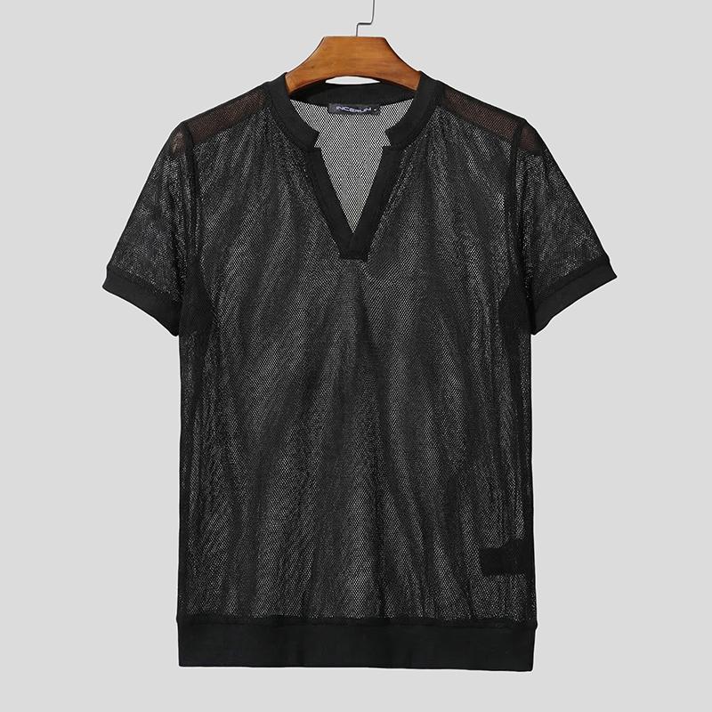 INCERUN Herren V-Ausschnitt Kurzarm Netz Durchsichtig Ausgeschnitten Sommer T-Shirts Tops 2XL schwarz