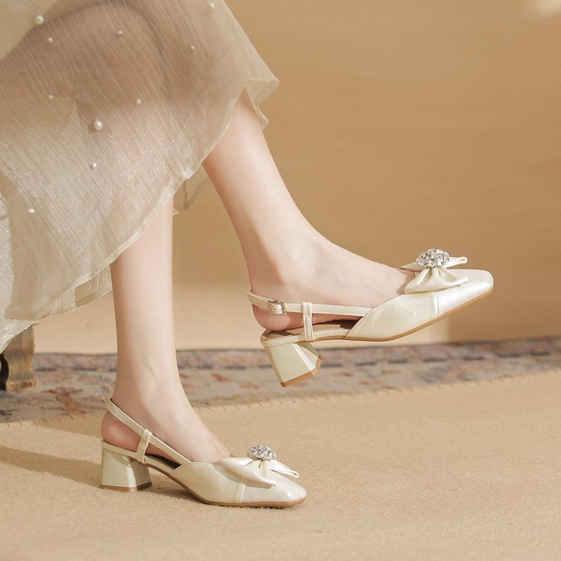 55105 high heels women's thick heel 2025 new square head empty sandals temperament rhinestone bow shoes