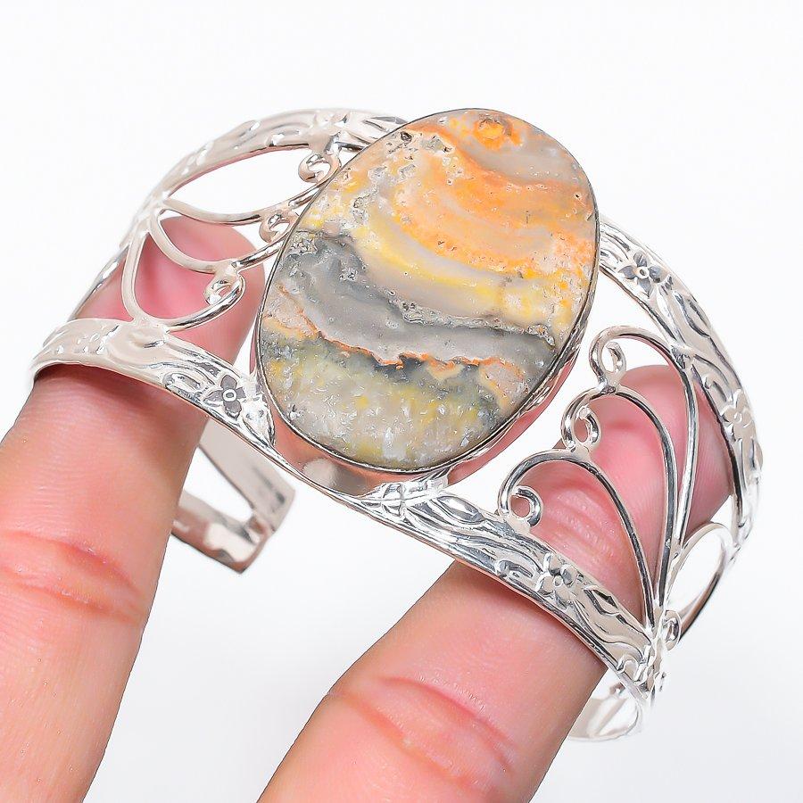 Natural Bumble Bee Jasper Gemstone 925 Sterling Silver Cuff Bangle Adj o9l76