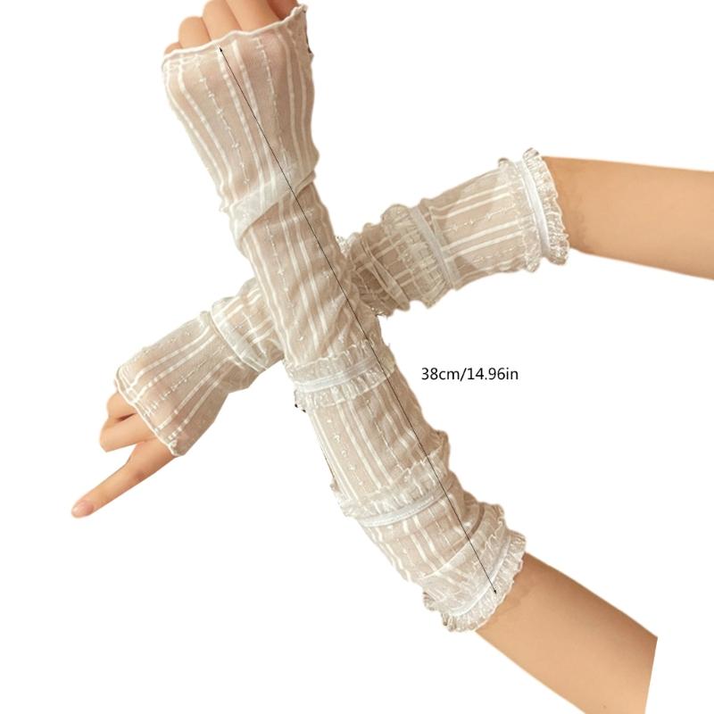 Sunproof Arm Sleeves Holiday Women Girl Arm Cover with Pleated Lace Trim Breathable Arm Cover for Holiday Driving