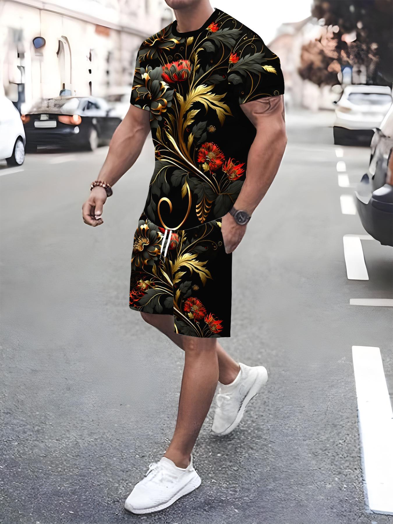 

Retro Floral Print Men s 2-Piece Casual Set S