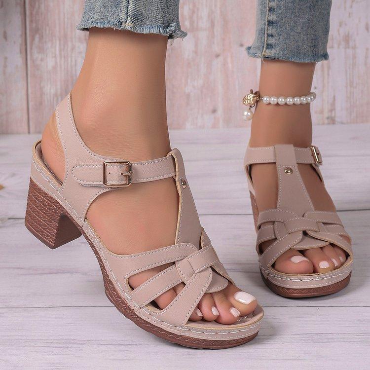 Summer New Round Head Rear Empty One-word Buckle Large Size Women's Thick High-heeled Sandals
