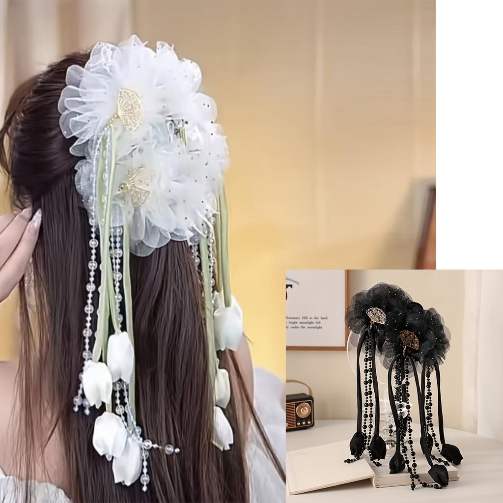 1PC Flower Tassel Grab Clip Female High Sense, Temperament Versatile Hairpin Back Head Shark Clip Headdress