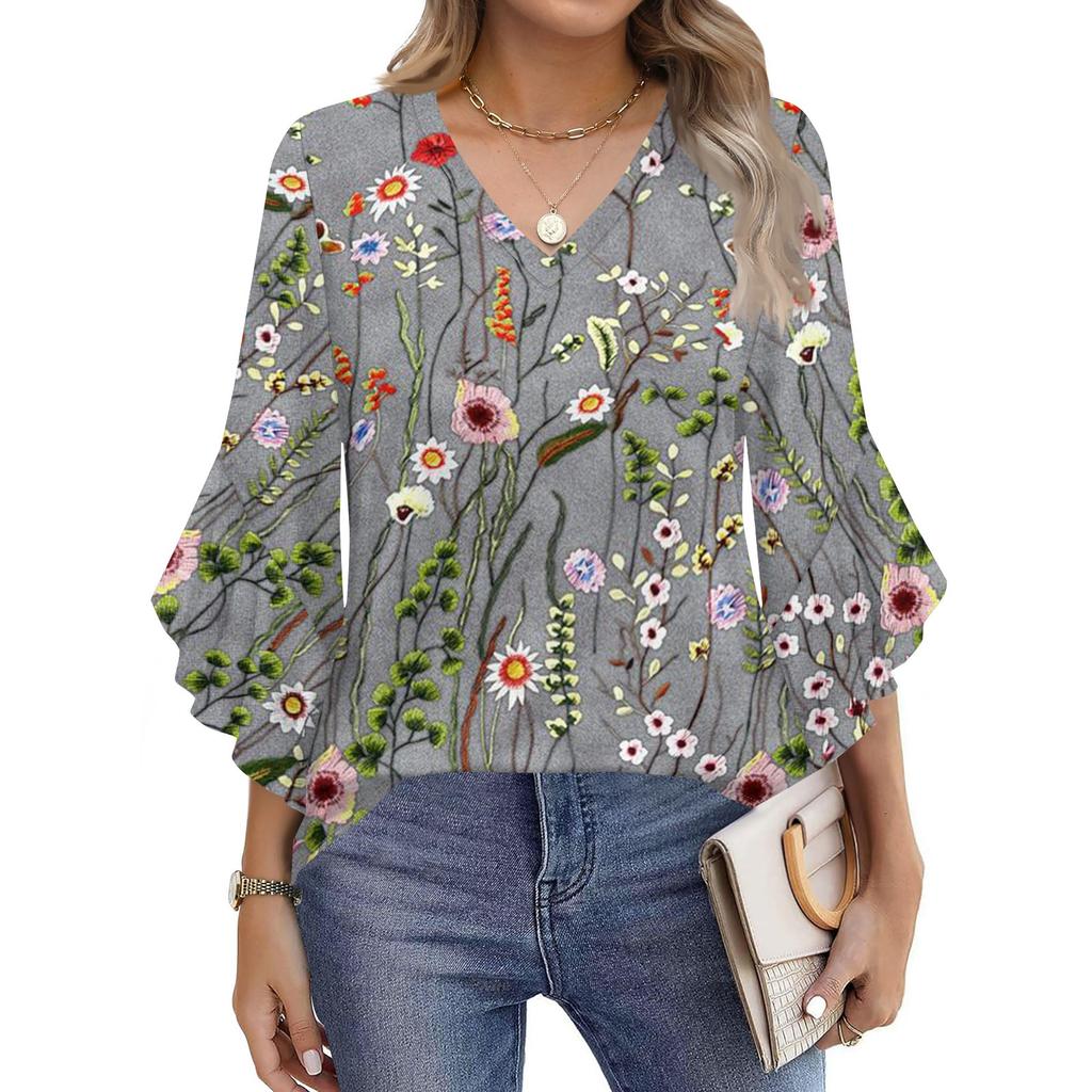 Blouses For Women Dressy Casual 3/4 Length Sleeve Womens Tops V Neck Tshirts Shirts With Flared Sleeve