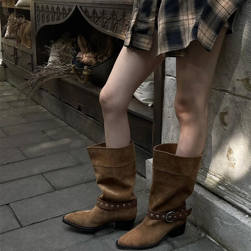 Fashion Vintage Pointed Toe Pleated Woman Western Cowboy Boots Fashion Slip On Thick Heel Knight Booties