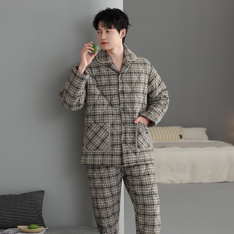 Pyjama d'hiver rembourré en coton épais à trois couches 100 % pur pour homme, veste rembourrée, vêtements d'intérieur chauds pour homme automne et hiver, grande taille