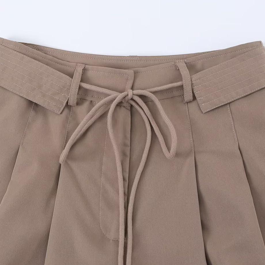 European and American Style New Women's Fashionable Casual Drawstring Belt Pleated Shorts
