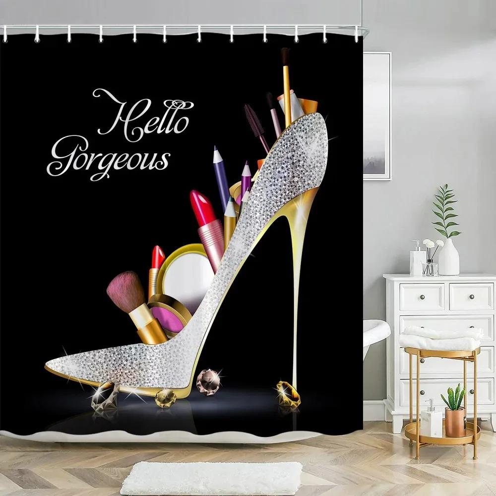 Pink Perfume High Heel Shower Curtain Set Black White Stripes Fashion Girl Woman Bathroom Decor Polyester Bathtub Curtains Hooks