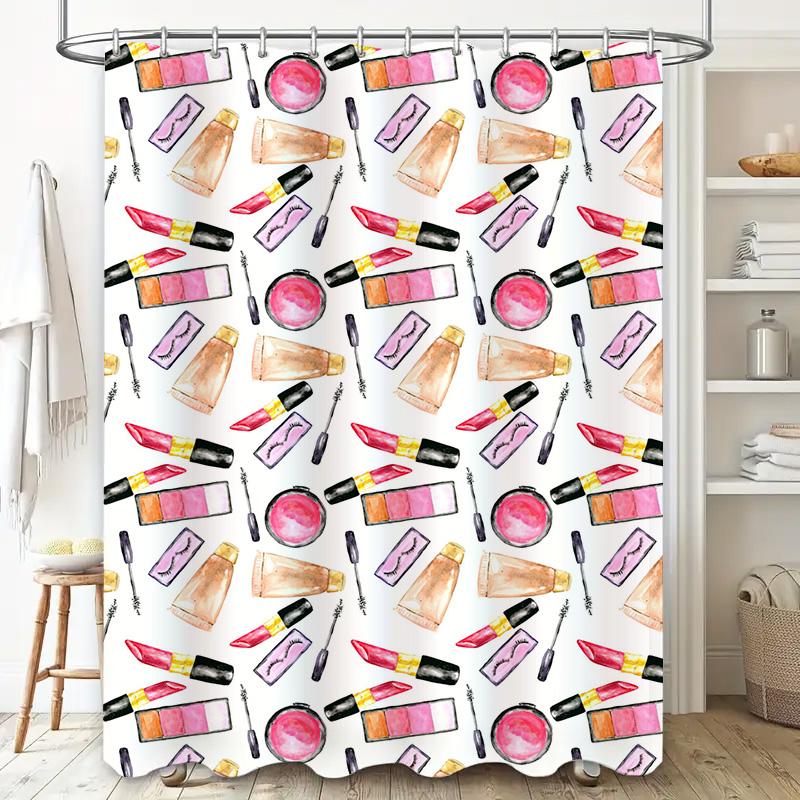 Watercolor Pink Lipstick Makeup Pattern Shower Curtain For Bathroom Decor Waterproof Fabric Print Bath Mat Decoration In Kitchen