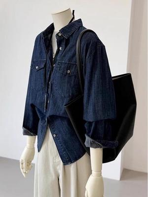 Chaqueta Camisera de Mezclilla Azul Oscuro Otoñal Nivel CHAO - Estilo Ropa de Trabajo Lavado Suave
