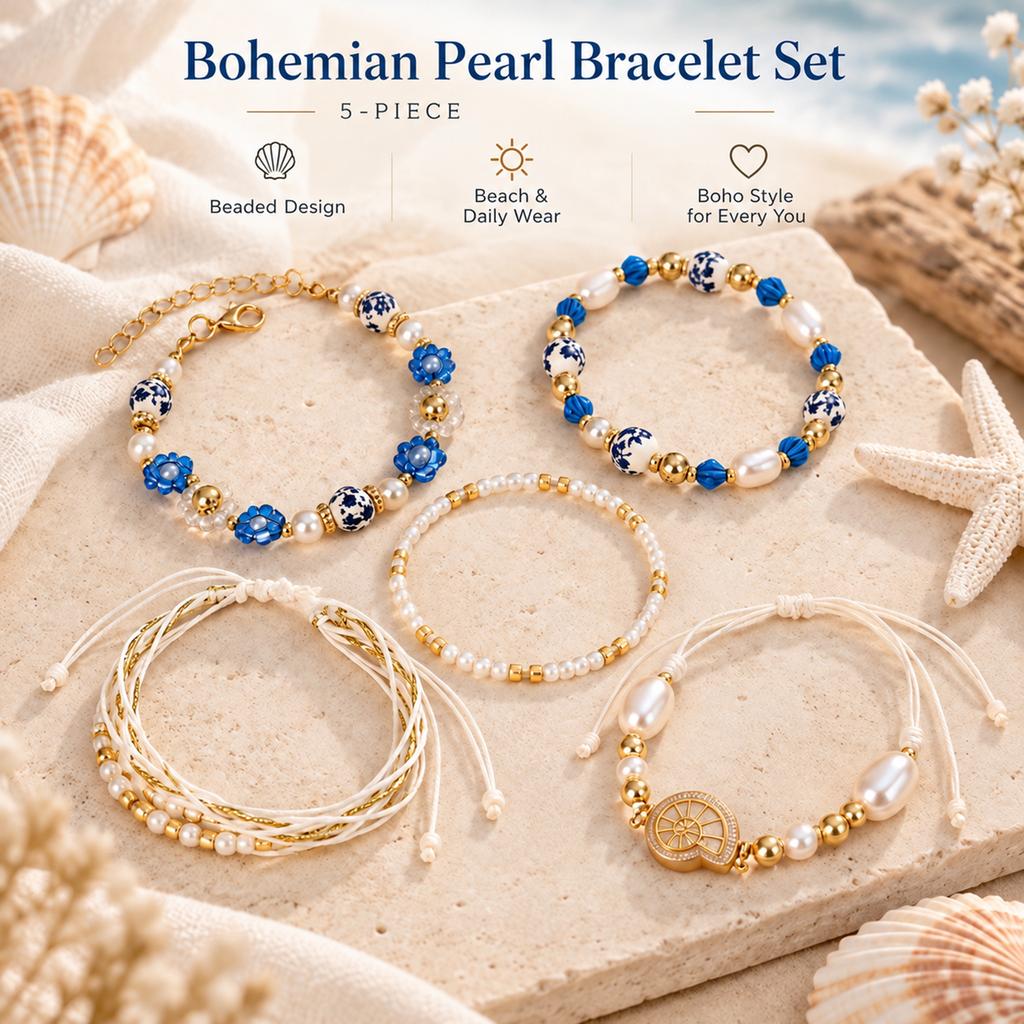 Bohemian Conch and Bracelet Set, Blue and Porcelain Beads, Handwoven Multi-Layer Stackable Jewelry, 5