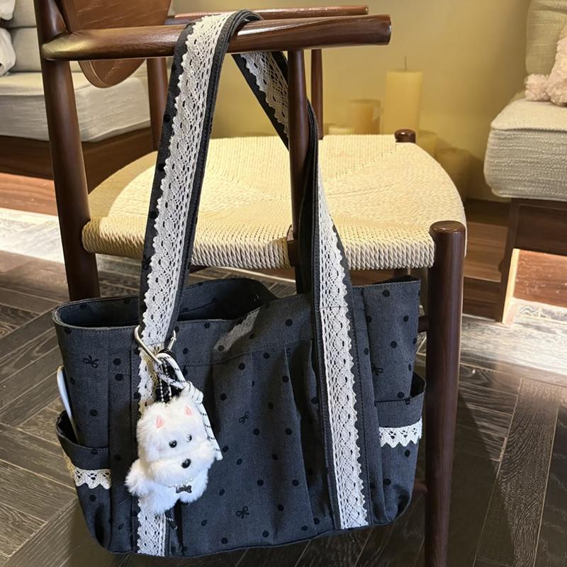 Polka Dot Lace Tote Bag Large Capacity Women's Shoulder Bag Student Commuter Handbag With Contrast Trim Lightweight Shopping Bag