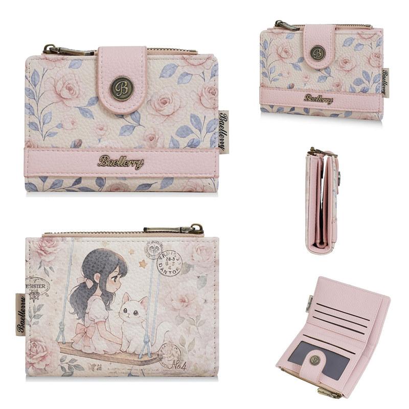 Baellerry Flowers Print Women Fashion Short Wallets Artificial Leather Zipper Coin Purse Money Pack