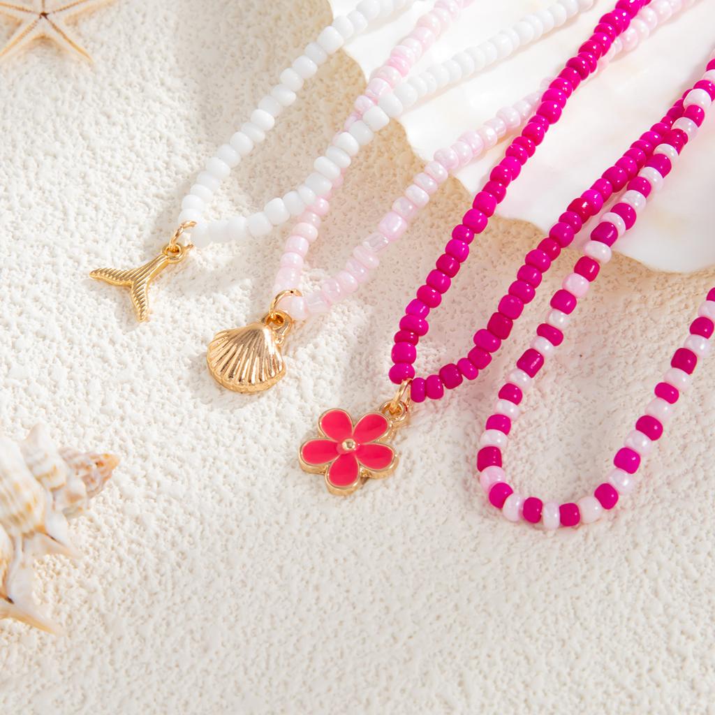 Y2K Colorful Beaded Multilayer Necklace for Women Beach Style Sun Pendant Chokers Handmade Pink Beads Collarbone Chain Zircon