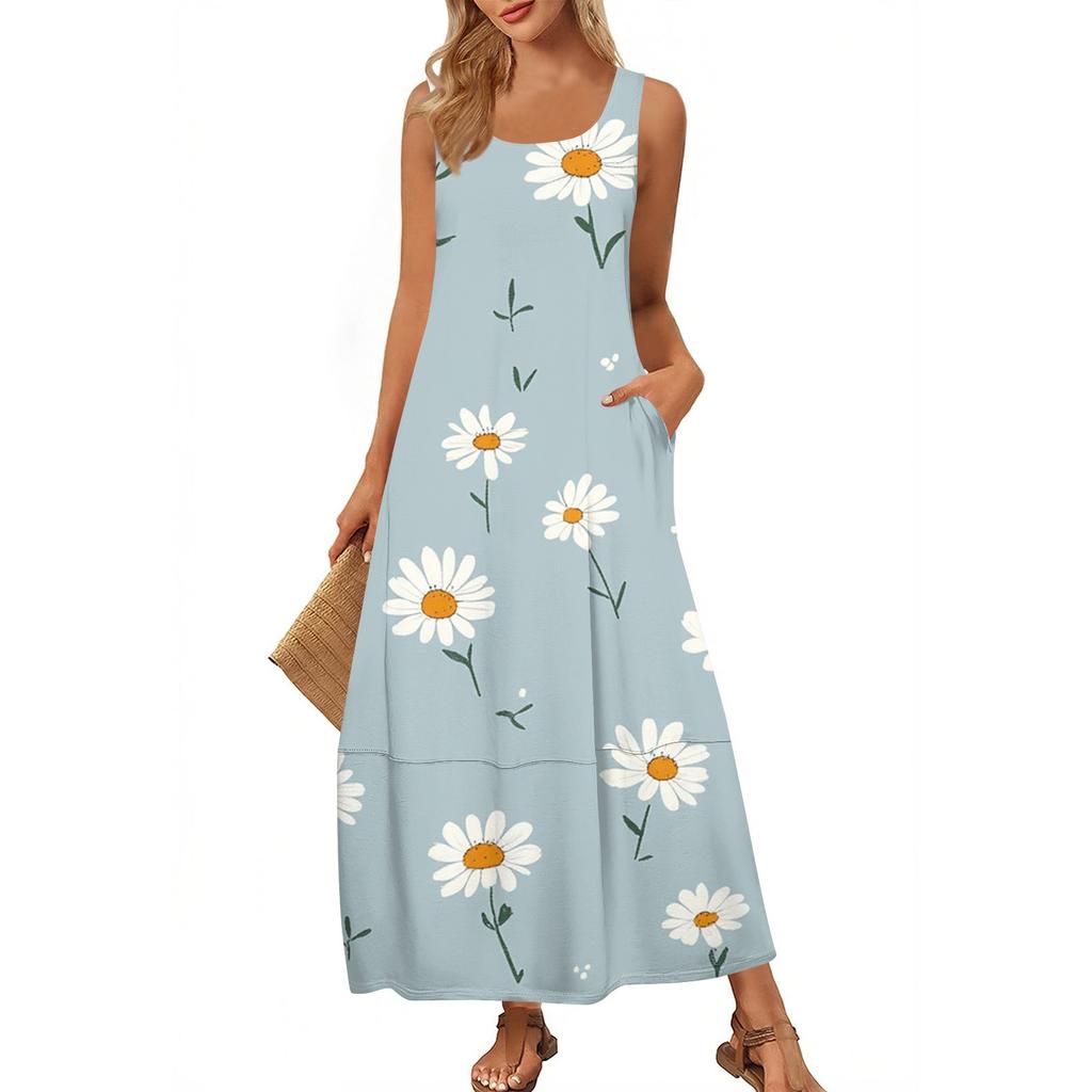 Lässiges bodenlanges Sommerkleid für Damen, Sommer-Strandkleid, Rundhalsausschnitt, ärmellos, lockerer Aufdruck