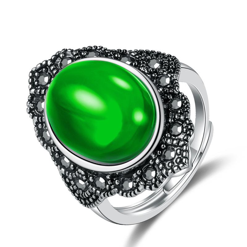 Thai Silver Black Gemstone Ring, Silver Domineering Ring, Green Rose Red, Blue Yellow Chalcedony Open Black Agate Ring, 2026