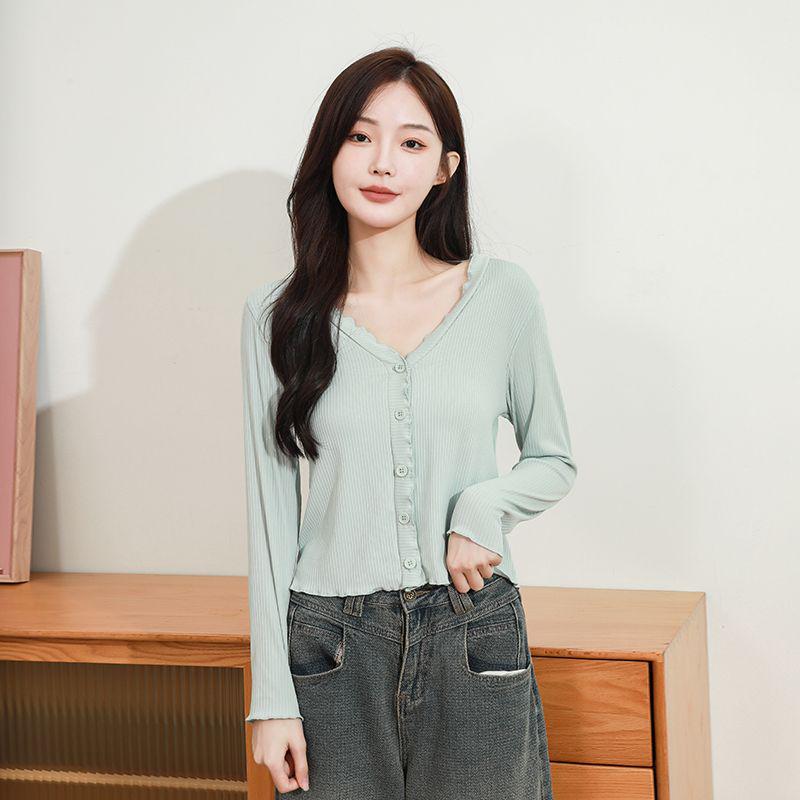 2024 Spring/Summer Slimming Ruffle V-Neck Knit Cardigan - Women's Long Sleeve Base Layer Top