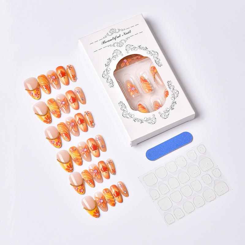30 Pieces of Maple Leaf Boutique Almond Wearing Nail Epoxy 3D Three-dimensional Manual Point Diamond Flower French Manicure