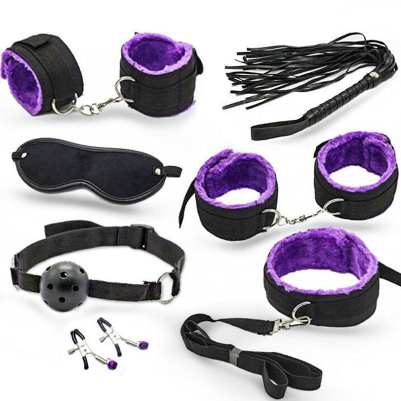 BDSM Bondage Set Sexy Plüsch Handschellen Leder Peitsche Mund Ball Gag Nippel Klemmen Kits Sex Spielzeug Für Paare Zwei Exotische